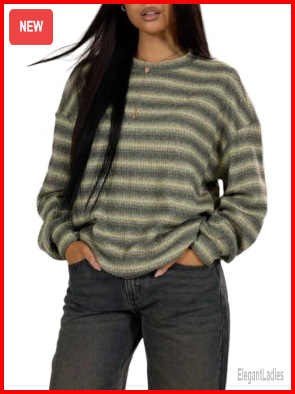 Waffle Knit Striped Pullover Sweater Loose Long Sleeve Crewneck Top